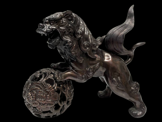 Bronze Guardian Lion Karajishi (Komainu / Shishi) with Jewel Ball Decorative Metal Sculpture 31cm Japanese Interior Ornament