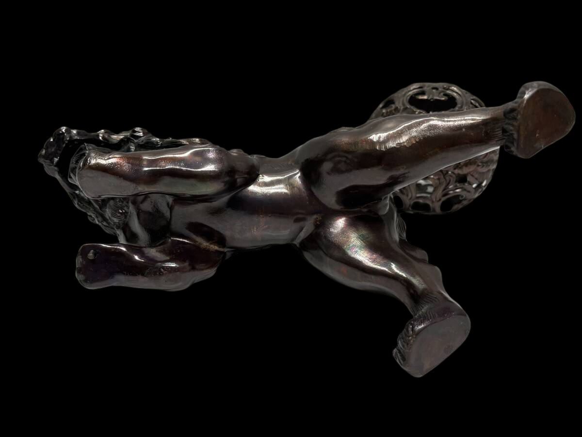 Bronze Guardian Lion Karajishi (Komainu / Shishi) with Jewel Ball Decorative Metal Sculpture 31cm Japanese Interior Ornament