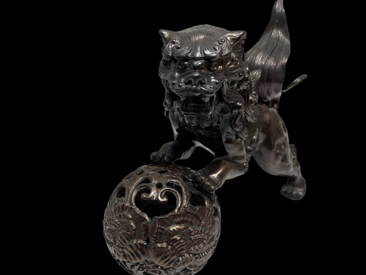 Cast Metal Karajishi Guardian Lion with Pierced Jewel Ball, Decorative Shishi Sculpture, 31 cm Wide