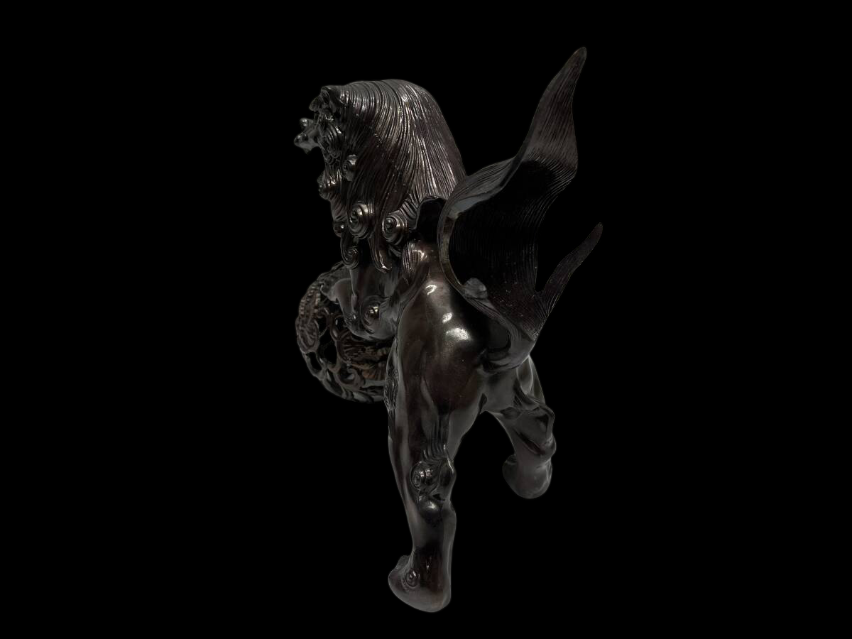 Bronze Guardian Lion Karajishi (Komainu / Shishi) with Jewel Ball Decorative Metal Sculpture 31cm Japanese Interior Ornament