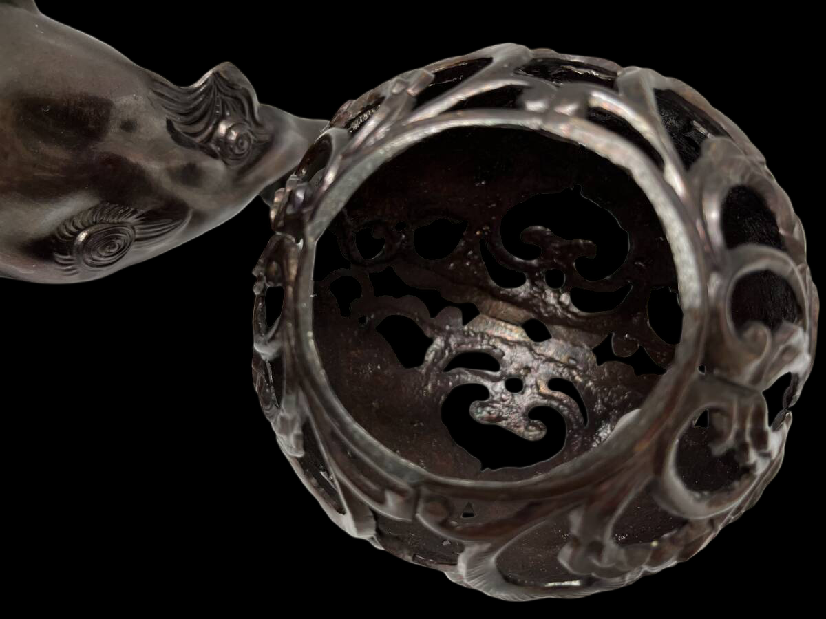 Bronze Guardian Lion Karajishi (Komainu / Shishi) with Jewel Ball Decorative Metal Sculpture 31cm Japanese Interior Ornament