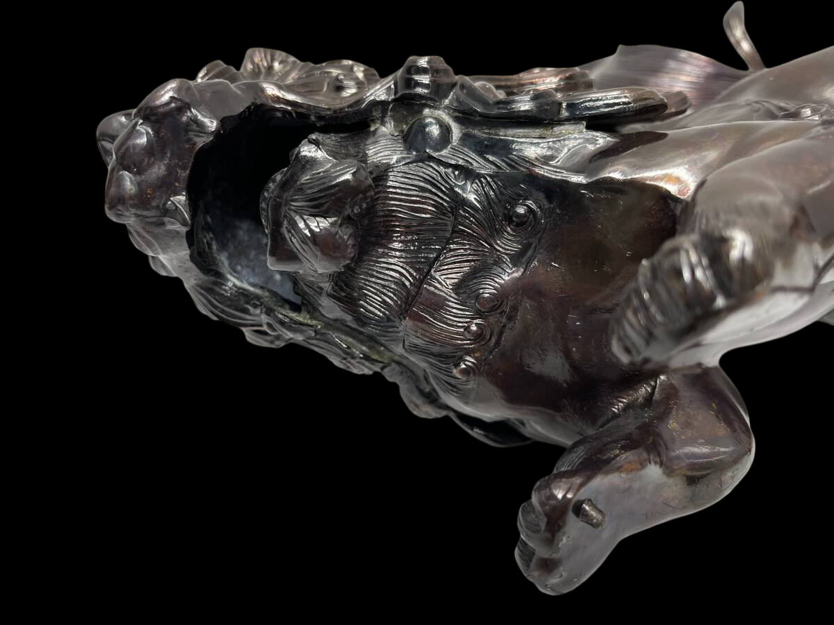 Bronze Guardian Lion Karajishi (Komainu / Shishi) with Jewel Ball Decorative Metal Sculpture 31cm Japanese Interior Ornament