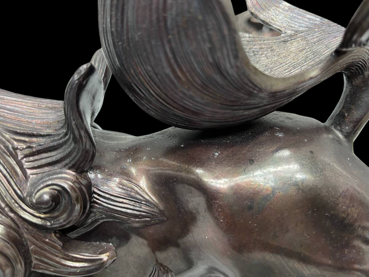 Bronze Guardian Lion Karajishi (Komainu / Shishi) with Jewel Ball Decorative Metal Sculpture 31cm Japanese Interior Ornament