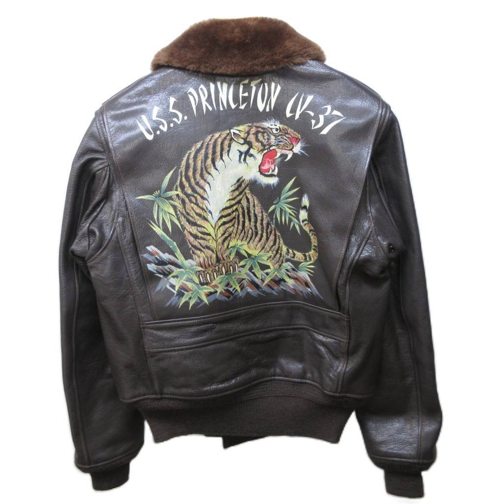 Premium Buzz Rickson’s G-1 USS Princeton CV-37 Tiger Print Leather Tribute Flight Jacket BR80611 Size 36 Toyo