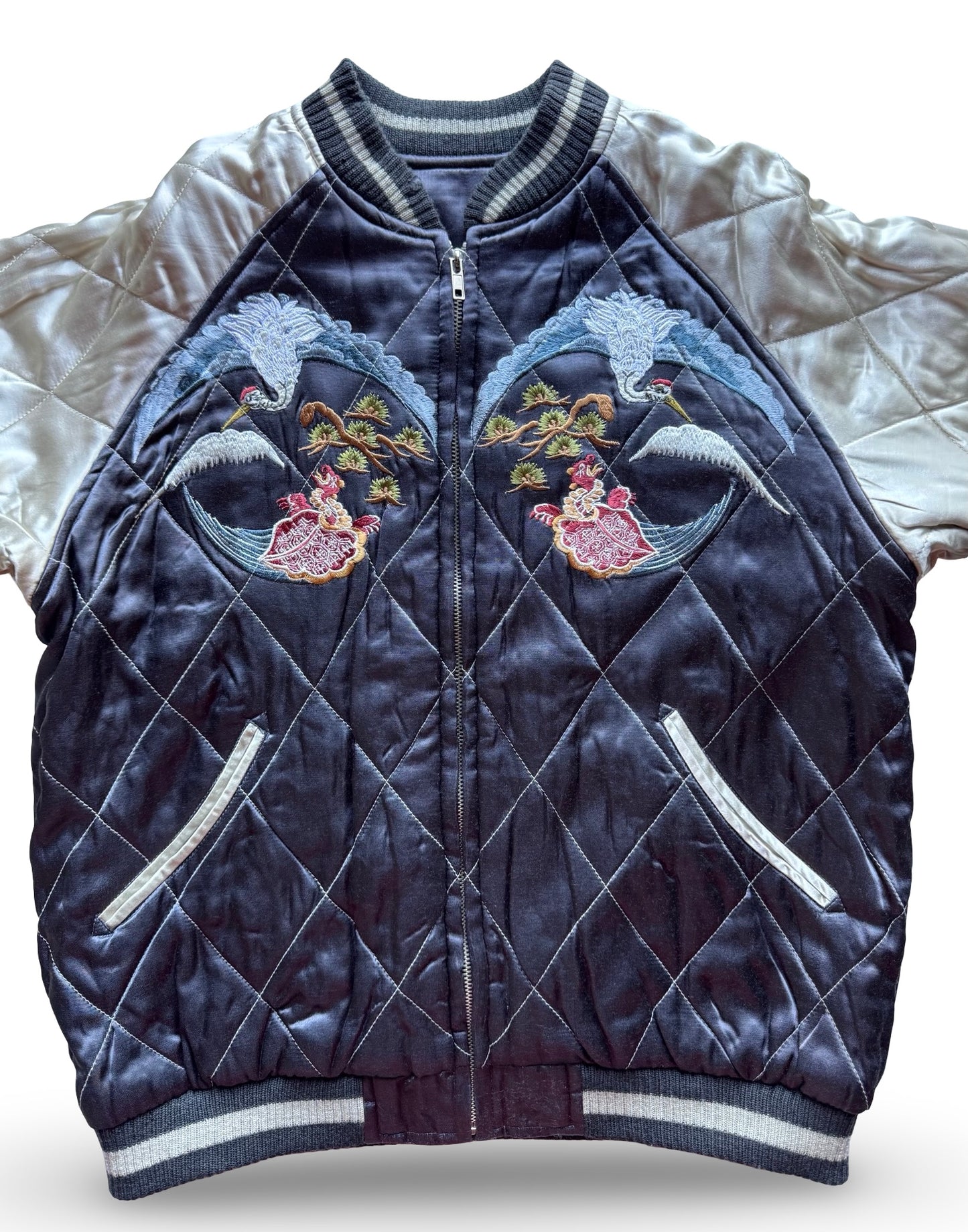 Vintage Reversible Sukajan Crane Turtle Butterfly Jacket, Japanese Satin Souvenir Bomber with Chrysanthemum Embroidery