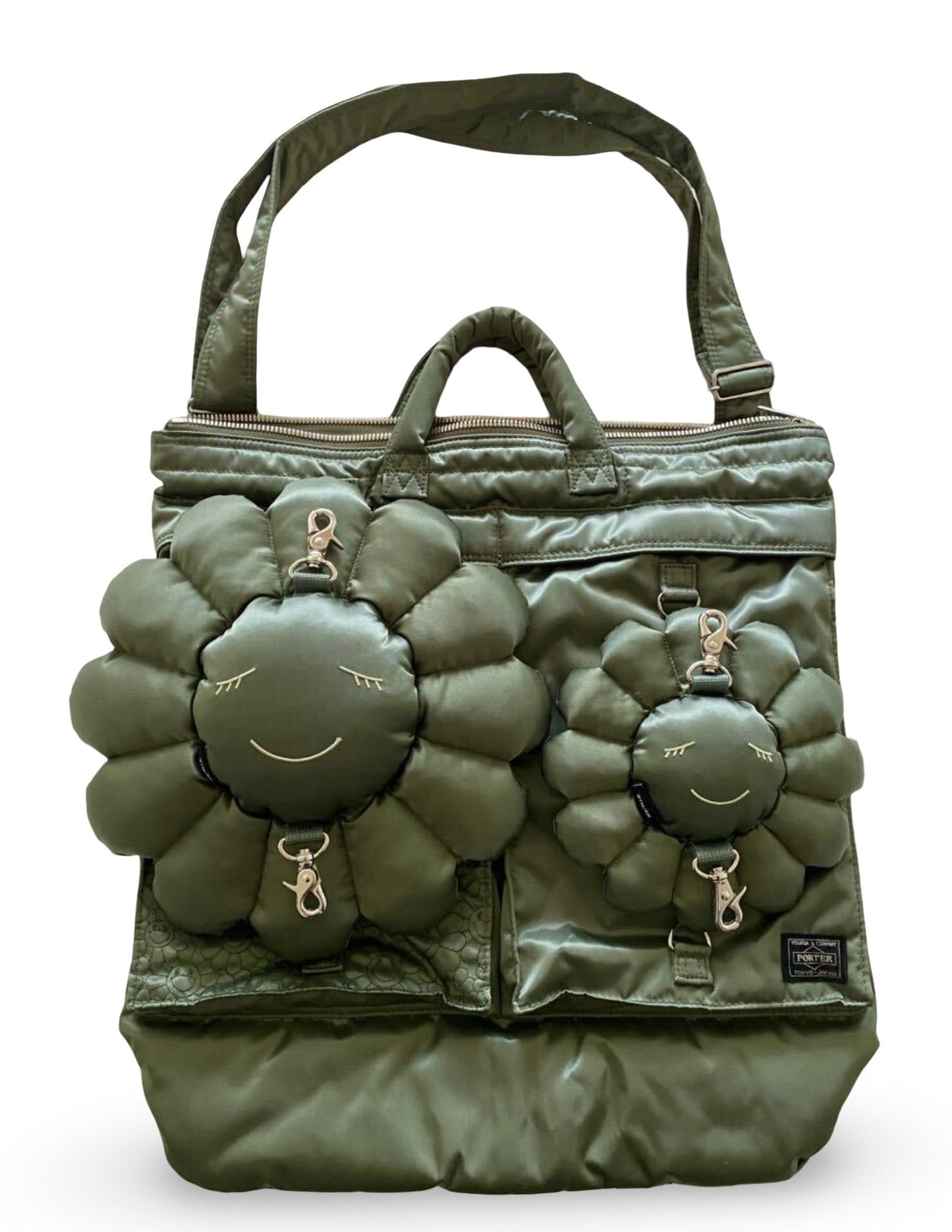 Porter × Takashi Murakami 2WAY Helmet Bag Khaki Double Flower Limited Yoshida Company TM Collaboration Shoulder Tote