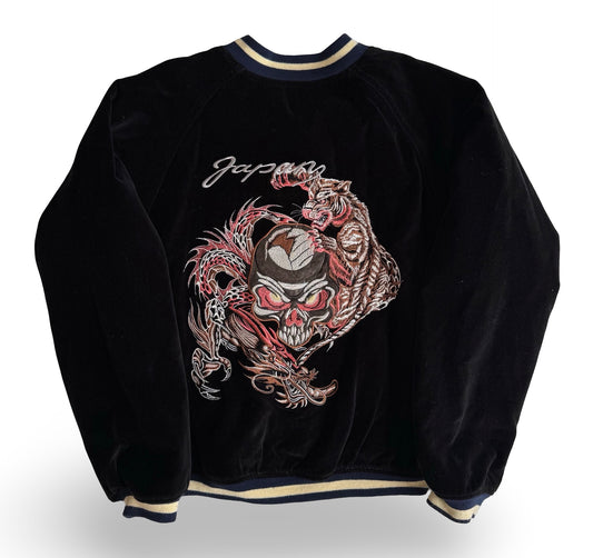 Vintage Velvet Sukajan Jacket — Tiger × Skull Embroidery, Japan Yokosuka Style Velour Souvenir Jacket