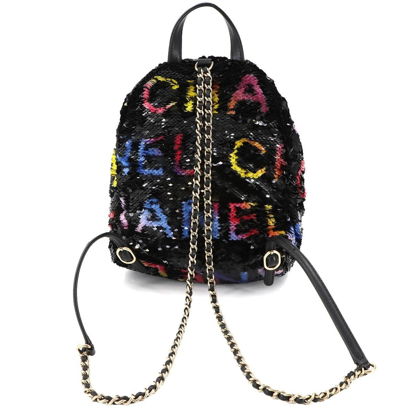 CHANEL Sequin Chain Backpack Black Multicolor Graffiti Logo Lambskin Gold Hardware C3— Exhibition Unused