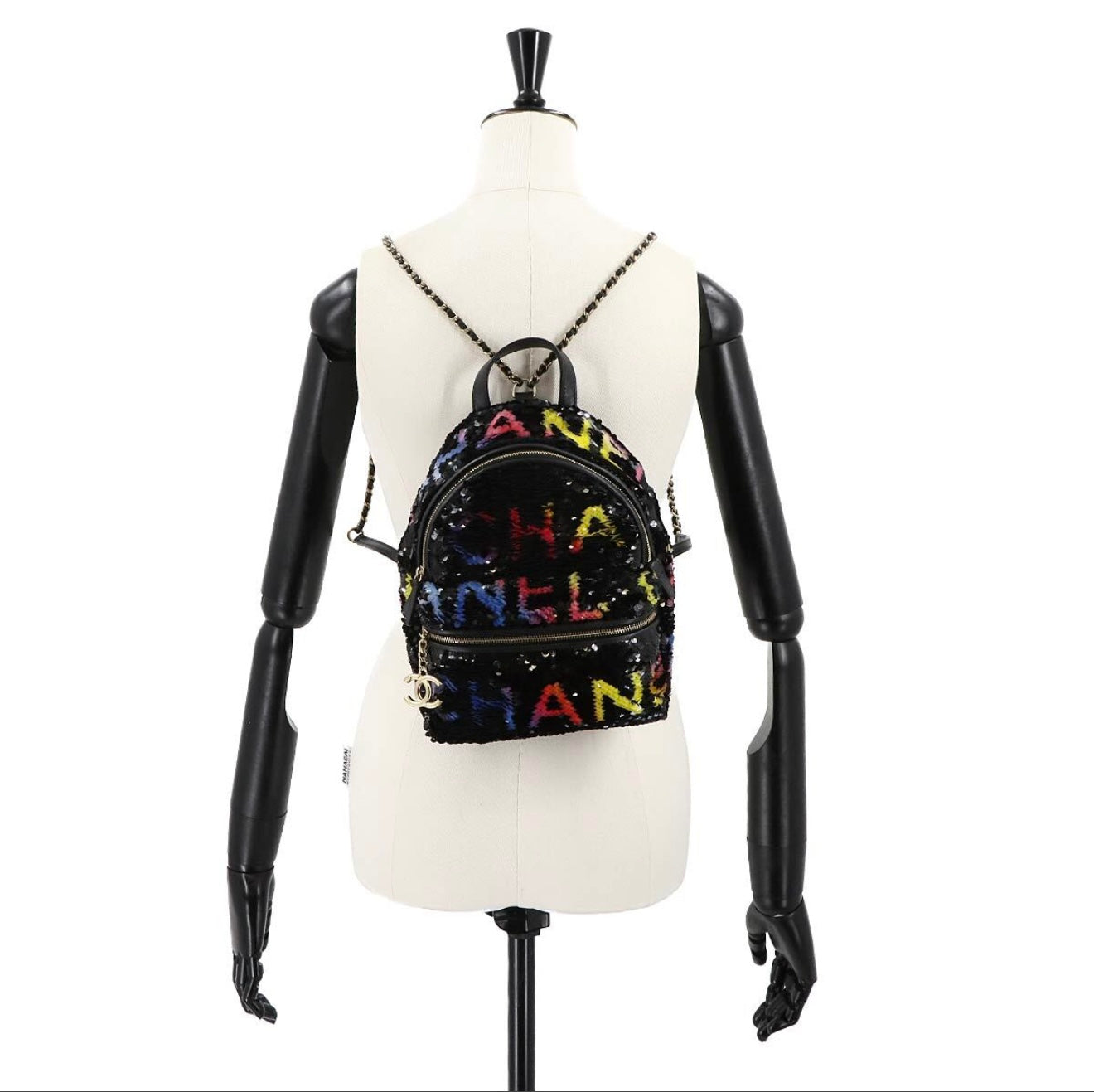 CHANEL Sequin Chain Backpack Black Multicolor Graffiti Logo Lambskin Gold Hardware C3— Exhibition Unused