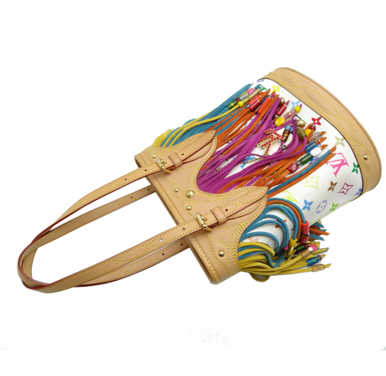 Louis Vuitton 2006 Limited Edition Bucket Fringe M40109 White Multicolor Tote + Pouch Set | Rare Monogram Vernis Fringe Bag