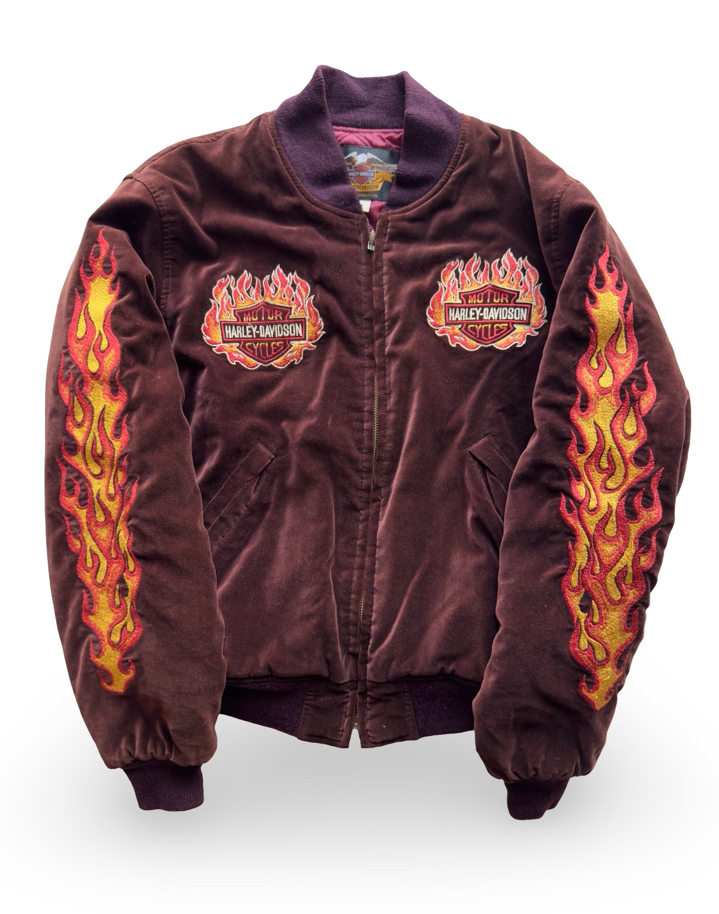 Vintage Harley-Davidson “Chrome Sweet Chrome” Flame-Velour Bomber Jacket (One Side Only)
