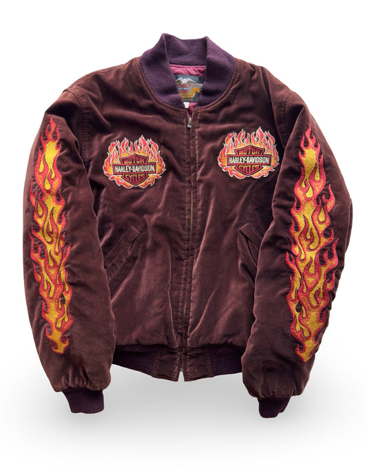 Vintage Harley-Davidson “Chrome Sweet Chrome” Flame-Velour Bomber Jacket (One Side Only)