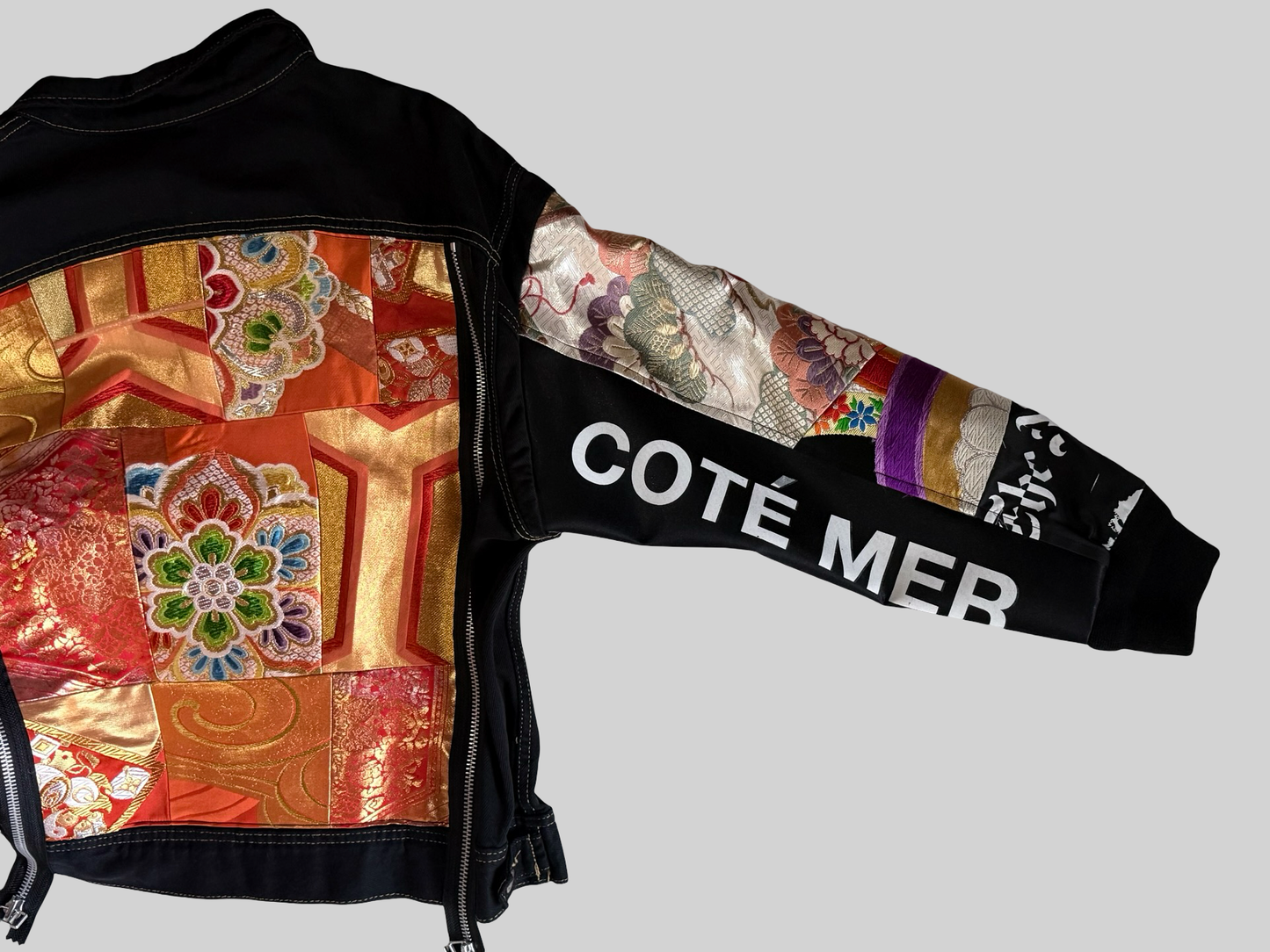 COTE MER Kimono Obi Remake Denim Jacket Silk Brocade Patchwork Japanese Upcycled Designer Jacket L XL