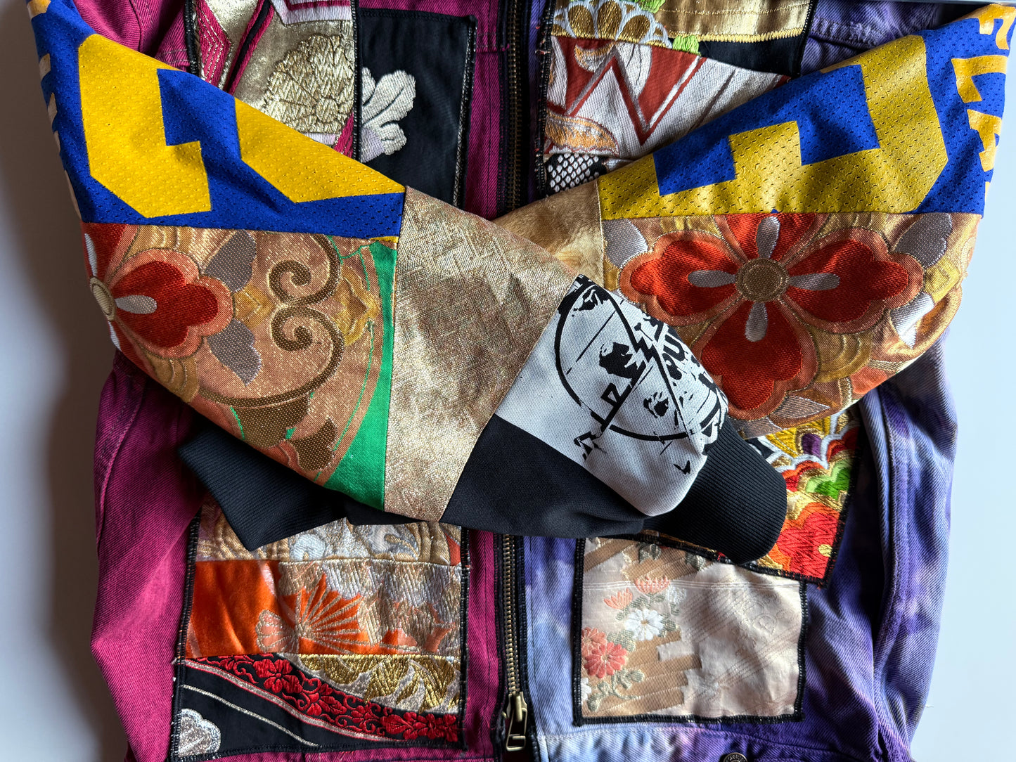 COTÉ MER Kimono Obi Patchwork Denim Remake Upcycled Jacket L XL Japanese One of One Harajuku Streetwear Wearable Art