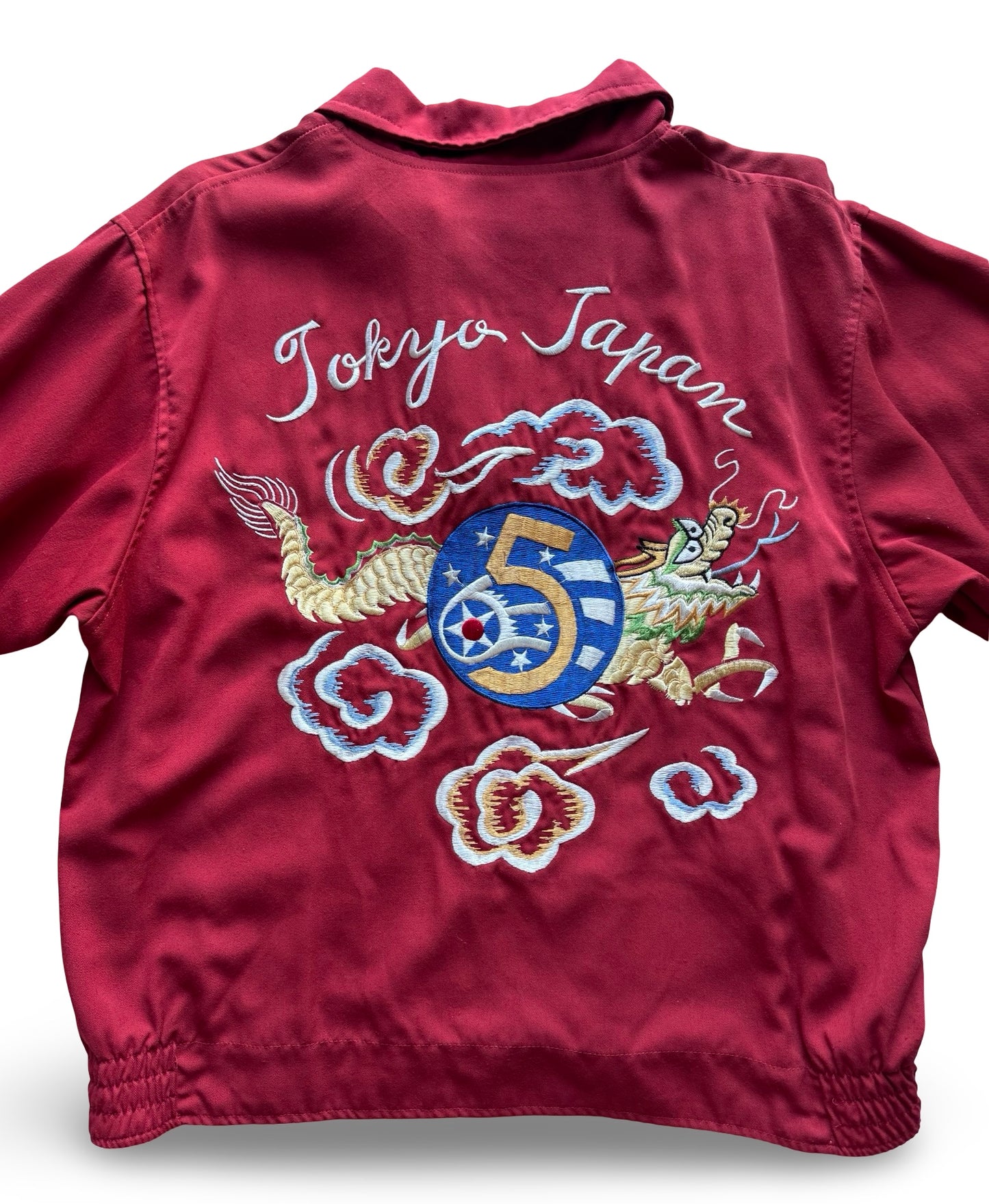 Vintage Tailor Toyo Dragon Souvenir Jacket — Tokyo Japan Embroidery • 5th Air Force Patch • Scarlet Red Sukajan (One-Side Only)