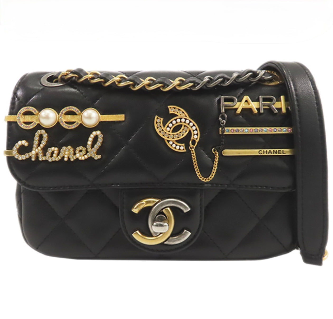 CHANEL Mini Matelassé Iconic Pins Shoulder Bag AS2978 Black Lambskin Paris Motif Mixed Metal Hardware Quilt Flap Bag Rare Collector