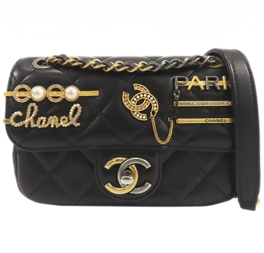 CHANEL Mini Matelassé Iconic Pins Shoulder Bag AS2978 Black Lambskin Paris Motif Mixed Metal Hardware Quilt Flap Bag Rare Collector