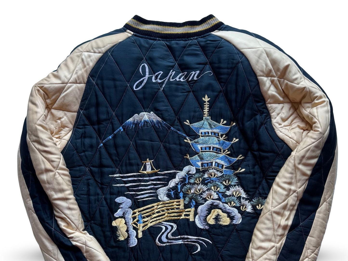 Vintage BEAMS Reversible Sukajan Jacket — Dragon & Skull Embroidery / Pagoda & Mt. Fuji Quilted Souvenir Jacket (Japan)