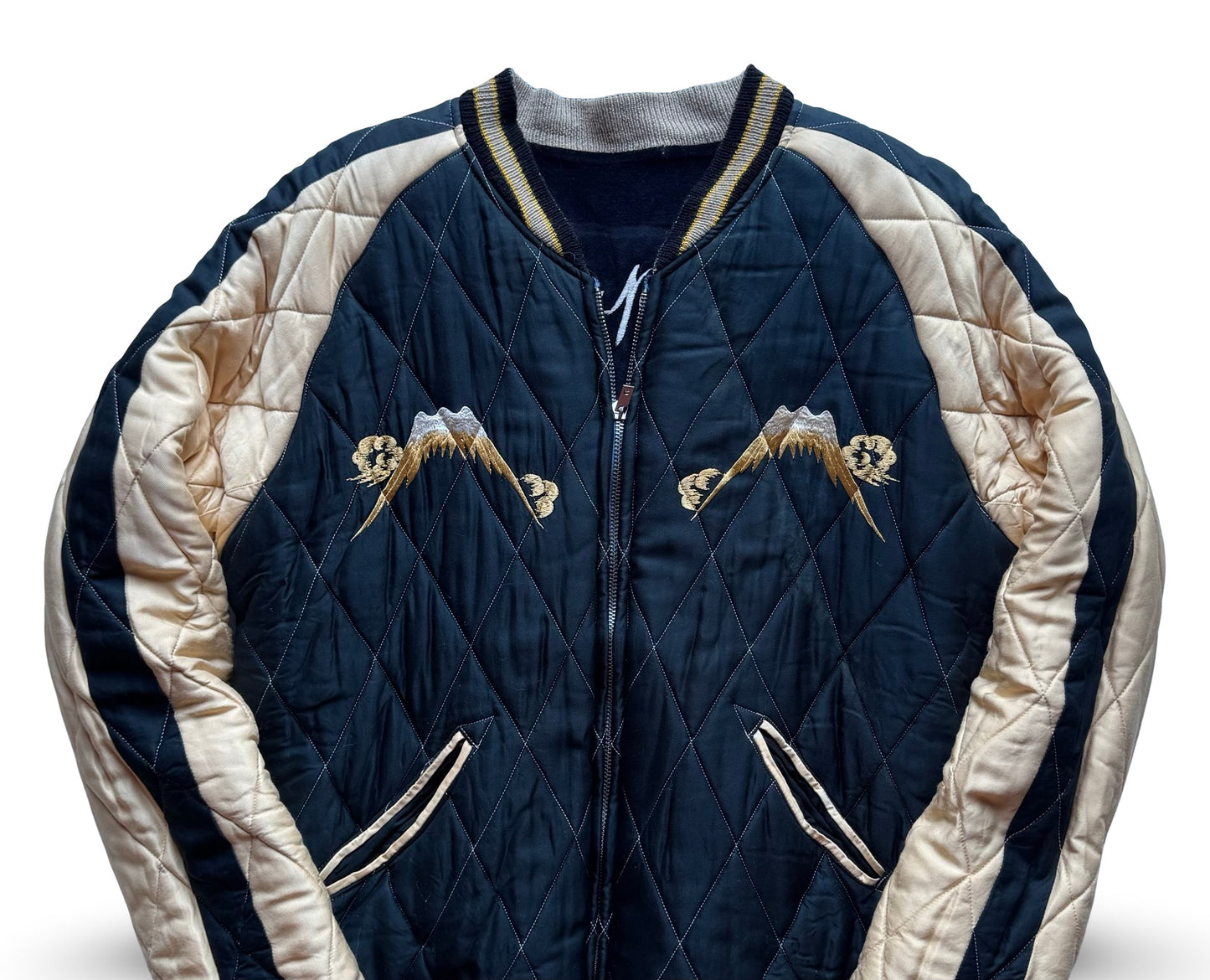 Vintage BEAMS Reversible Sukajan Jacket — Dragon & Skull Embroidery / Pagoda & Mt. Fuji Quilted Souvenir Jacket (Japan)