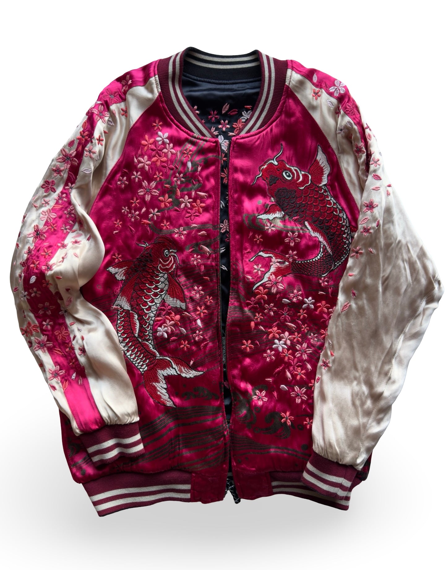 Miyabi Musubi Reversible Sukajan – Rising Koi & Hokusai Great Wave, Sakura Storm Embroidery, Japonisme Japanese Souvenir Jacket