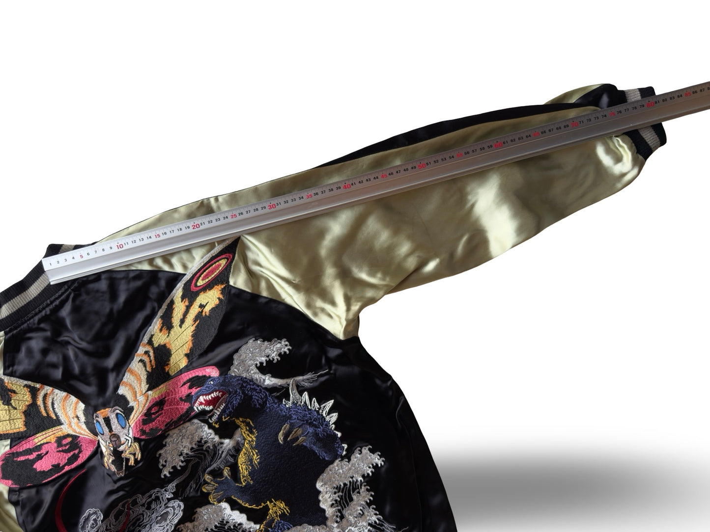 Vintage Japanese Sukajan Jacket – Godzilla × Mothra Embroidery • Kaiju Souvenir Jacket • Black & Gold Satin Bomber (One-Side Emblem)