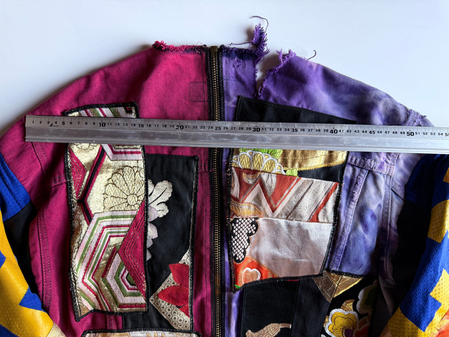 COTÉ MER Kimono Obi Patchwork Denim Remake Upcycled Jacket L XL Japanese One of One Harajuku Streetwear Wearable Art