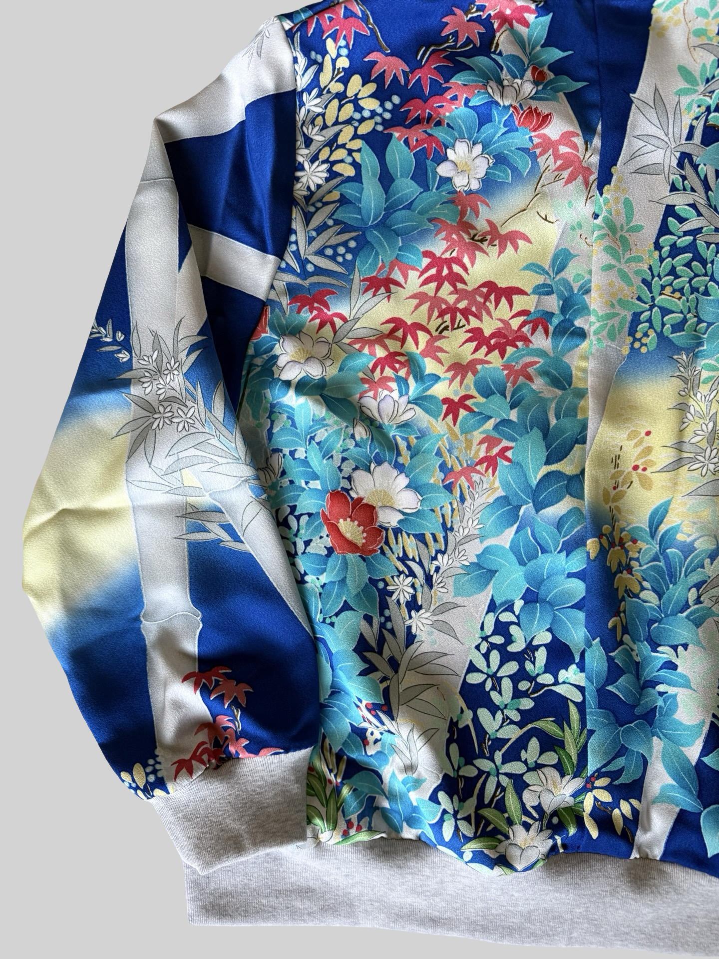 Vintage Kimono Remake Bomber Jacket Blue Floral Camellia Silk Upcycled Japanese Wearable Art Jacket Unisex Free Size S M