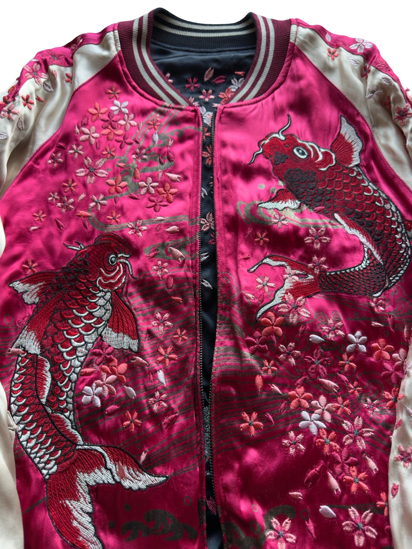 Miyabi Musubi Reversible Sukajan – Rising Koi & Hokusai Great Wave, Sakura Storm Embroidery, Japonisme Japanese Souvenir Jacket