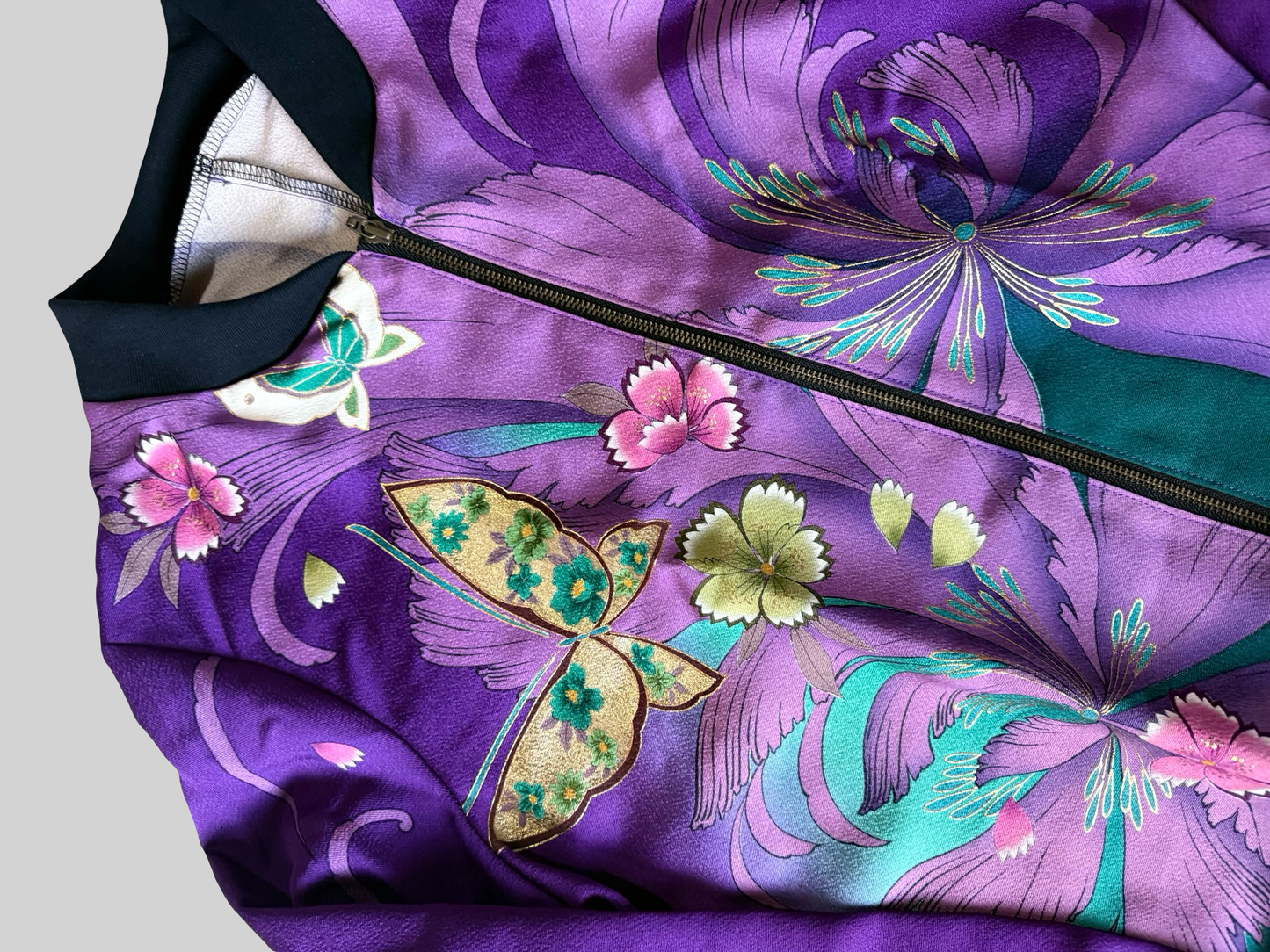 Kimono Remake Silk Bomber Jacket Purple Floral Butterfly Sukajan Japanese Upcycled Textile Art Piece