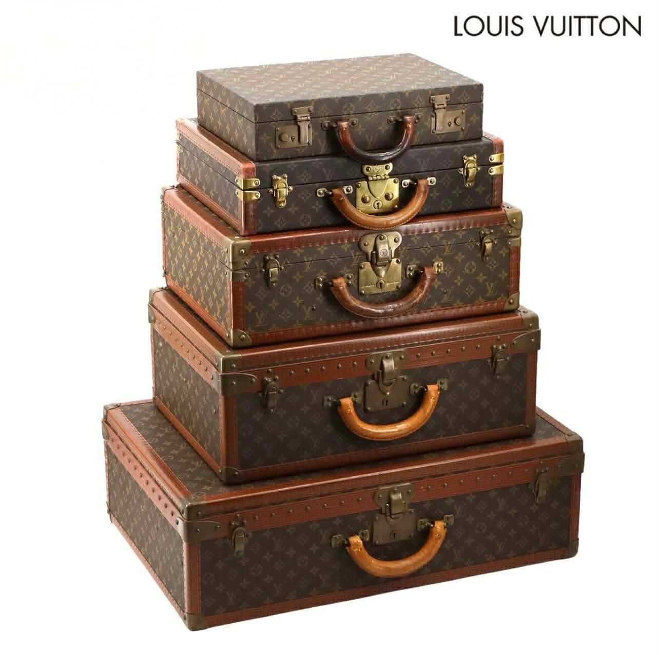Louis Vuitton Vintage Monogram Trunk Tower Set of 5 – Brass Hardware, Collectible LV Travel Cases, Interior Décor Stack