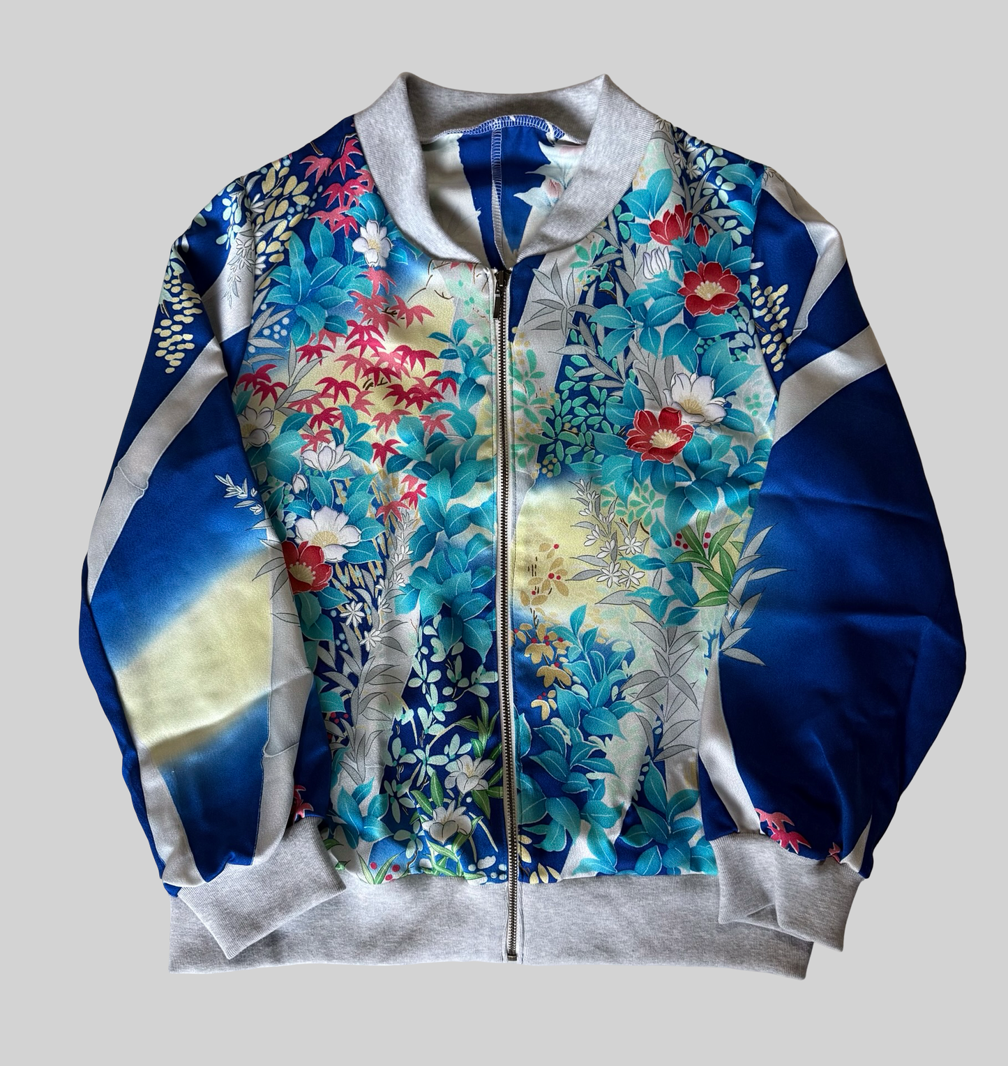 Vintage Kimono Remake Bomber Jacket Blue Floral Camellia Silk Upcycled Japanese Wearable Art Jacket Unisex Free Size S M