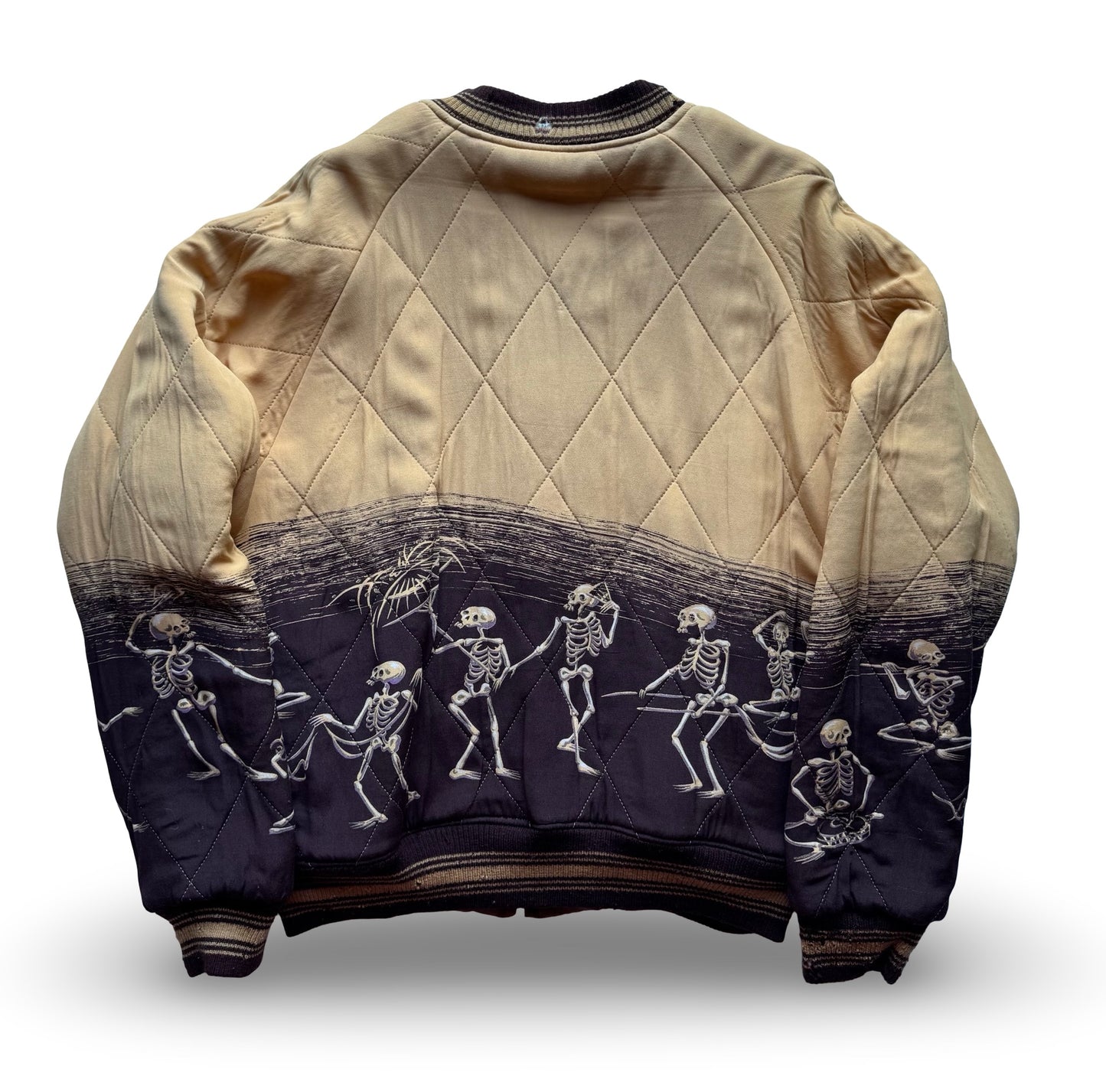 Vintage Pherrow’s Reversible Sukajan Dragon Warrior Skeleton Dance Japan Souvenir Jacket, Gold Brown Embroidered Bomber
