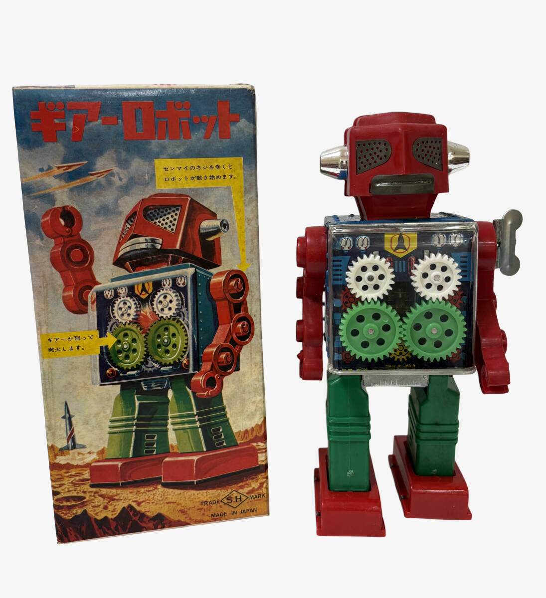 Horikawa Gear Robot · Japanese Red-Eye / Green-Leg Variant · Original Box · Early 1970s