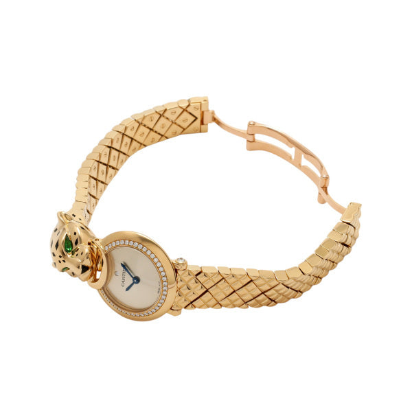Cartier Panthère HPI01380 Full K18 Gold High Jewelry Watch SA Rank – Diamond Bezel & Garnet Eyes – Ladies Luxury Collector Piece