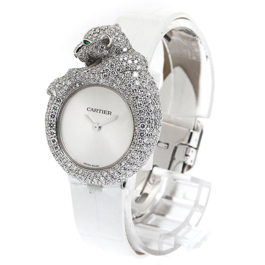 Cartier Panthère LM HPI00341 High Jewelry Watch · 18K White Gold · Full Pavé Diamonds · Emerald Eyes · 33mm · Rare Collector Masterpiece