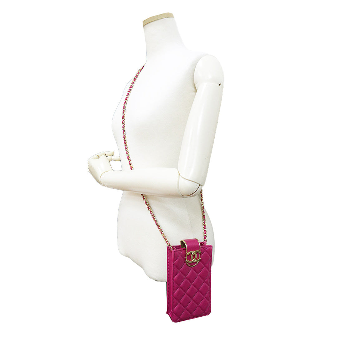 Chanel AP2981 Matelasse Fuchsia Pink Lambskin Chain Phone Holder Crossbody