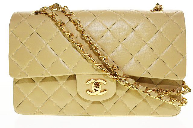 Chanel Matelasse 25 Beige Lambskin Double Flap Gold Chain Vintage