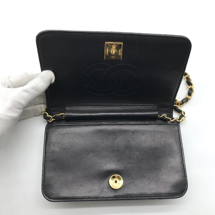 Chanel Vintage Mini Matelasse 19 Black Lambskin Chain Shoulder Bag Gold CC