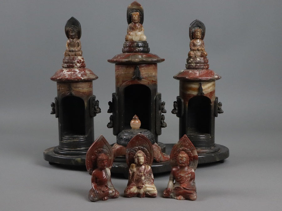 Chinese Shoushan Stone Six-Buddha Shrine Incense Burner Set — Sculptural Altar Group, Late Qing to Republican Period