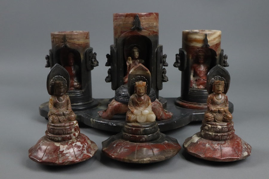 Chinese Shoushan Stone Six-Buddha Shrine Incense Burner Set — Sculptural Altar Group, Late Qing to Republican Period