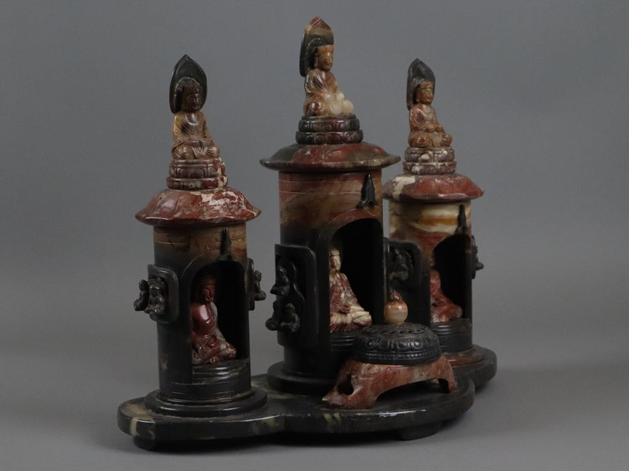 Chinese Shoushan Stone Six-Buddha Shrine Incense Burner Set — Sculptural Altar Group, Late Qing to Republican Period