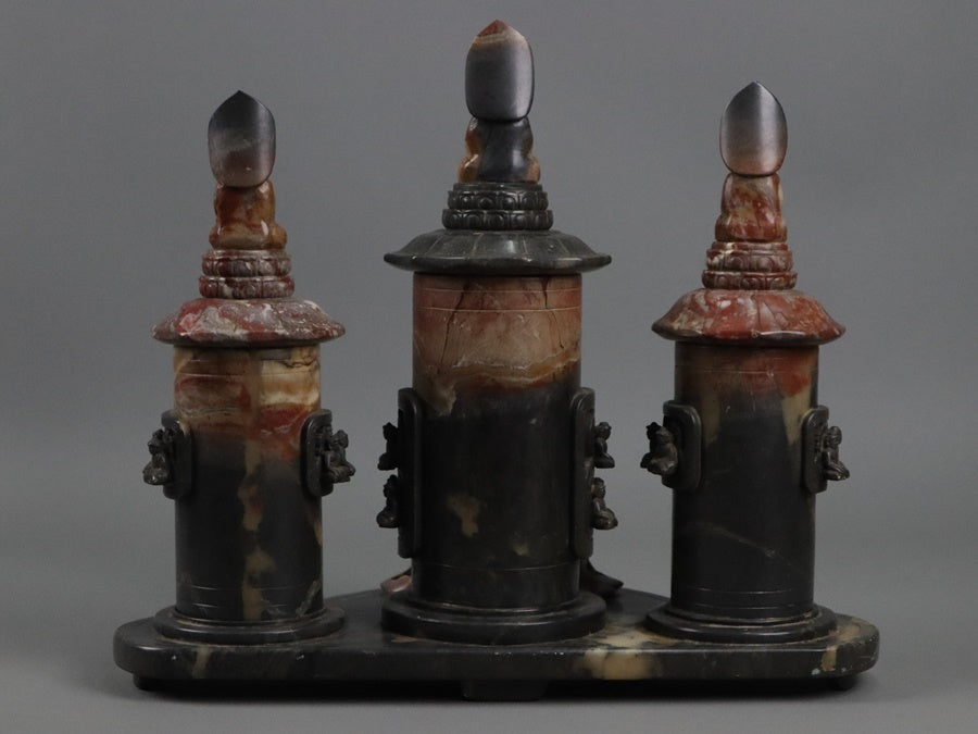 Chinese Shoushan Stone Six-Buddha Shrine Incense Burner Set — Sculptural Altar Group, Late Qing to Republican Period