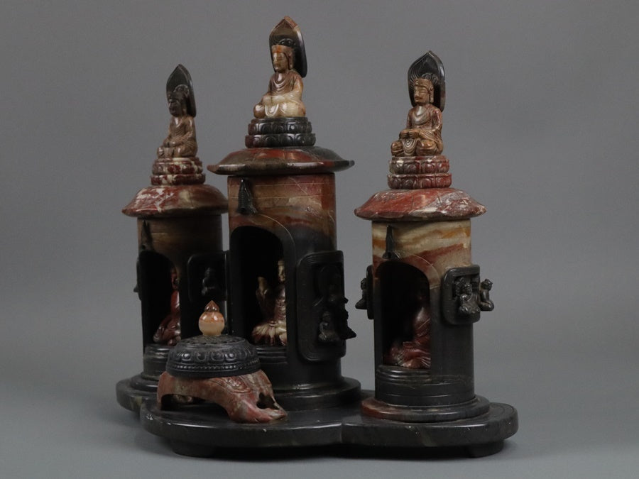 Chinese Shoushan Stone Six-Buddha Shrine Incense Burner Set — Sculptural Altar Group, Late Qing to Republican Period