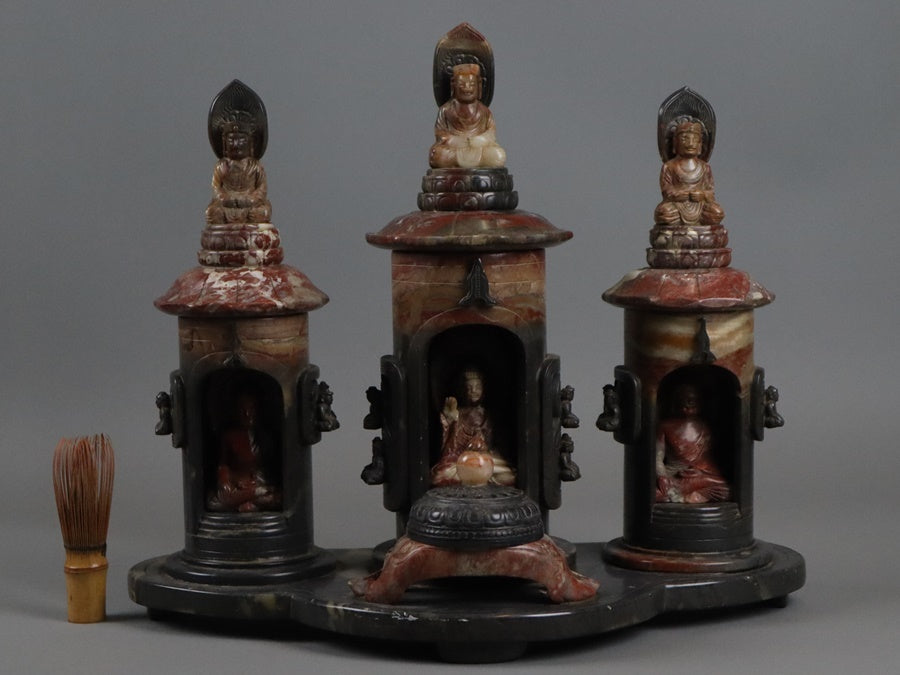 Chinese Shoushan Stone Six-Buddha Shrine Incense Burner Set — Sculptural Altar Group, Late Qing to Republican Period