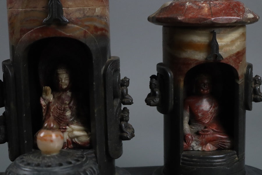 Chinese Shoushan Stone Six-Buddha Shrine Incense Burner Set — Sculptural Altar Group, Late Qing to Republican Period