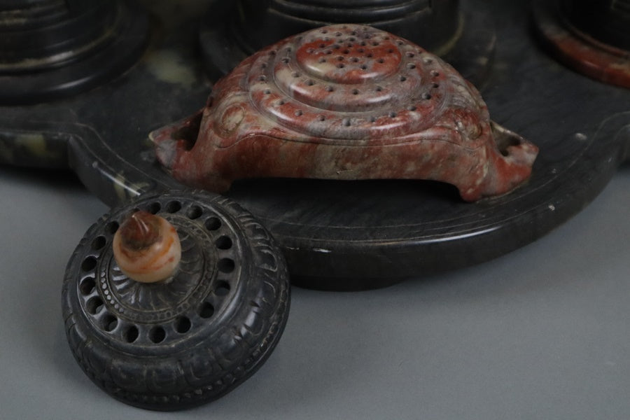 Chinese Shoushan Stone Six-Buddha Shrine Incense Burner Set — Sculptural Altar Group, Late Qing to Republican Period