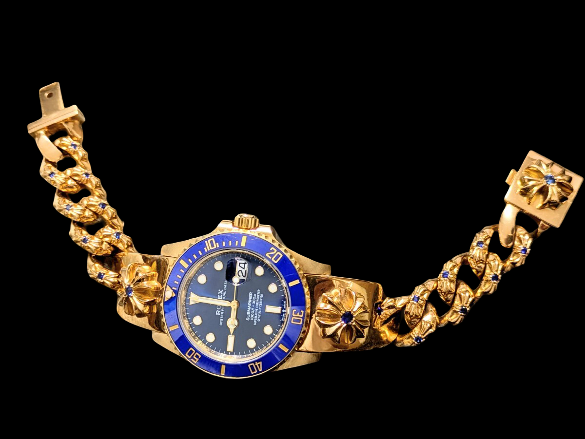 CHROME HEARTS × ROLEX 126618LB · 22K Custom Link Bracelet · Factory Blue Sapphire Insert Submariner LB Hybrid Art Timepiece