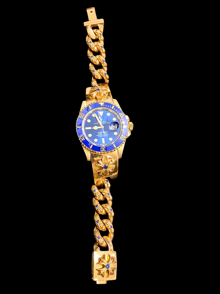 CHROME HEARTS × ROLEX 126618LB · 22K Custom Link Bracelet · Factory Blue Sapphire Insert Submariner LB Hybrid Art Timepiece