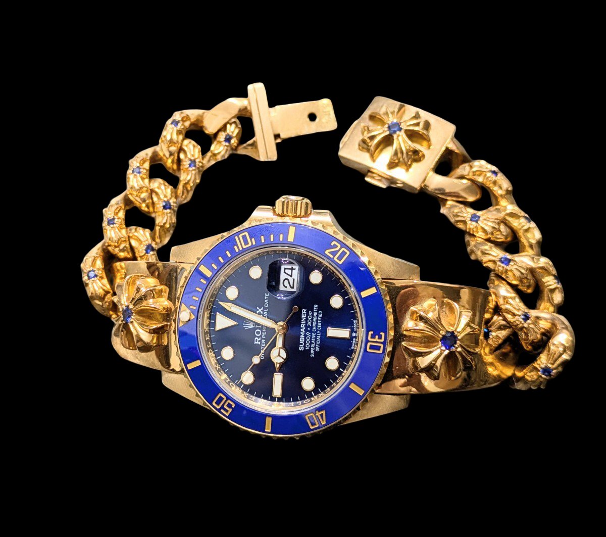 CHROME HEARTS × ROLEX 126618LB · 22K Custom Link Bracelet · Factory Blue Sapphire Insert Submariner LB Hybrid Art Timepiece
