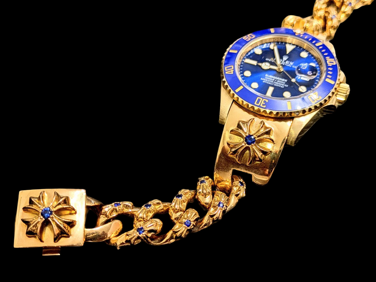 CHROME HEARTS × ROLEX 126618LB · 22K Custom Link Bracelet · Factory Blue Sapphire Insert Submariner LB Hybrid Art Timepiece